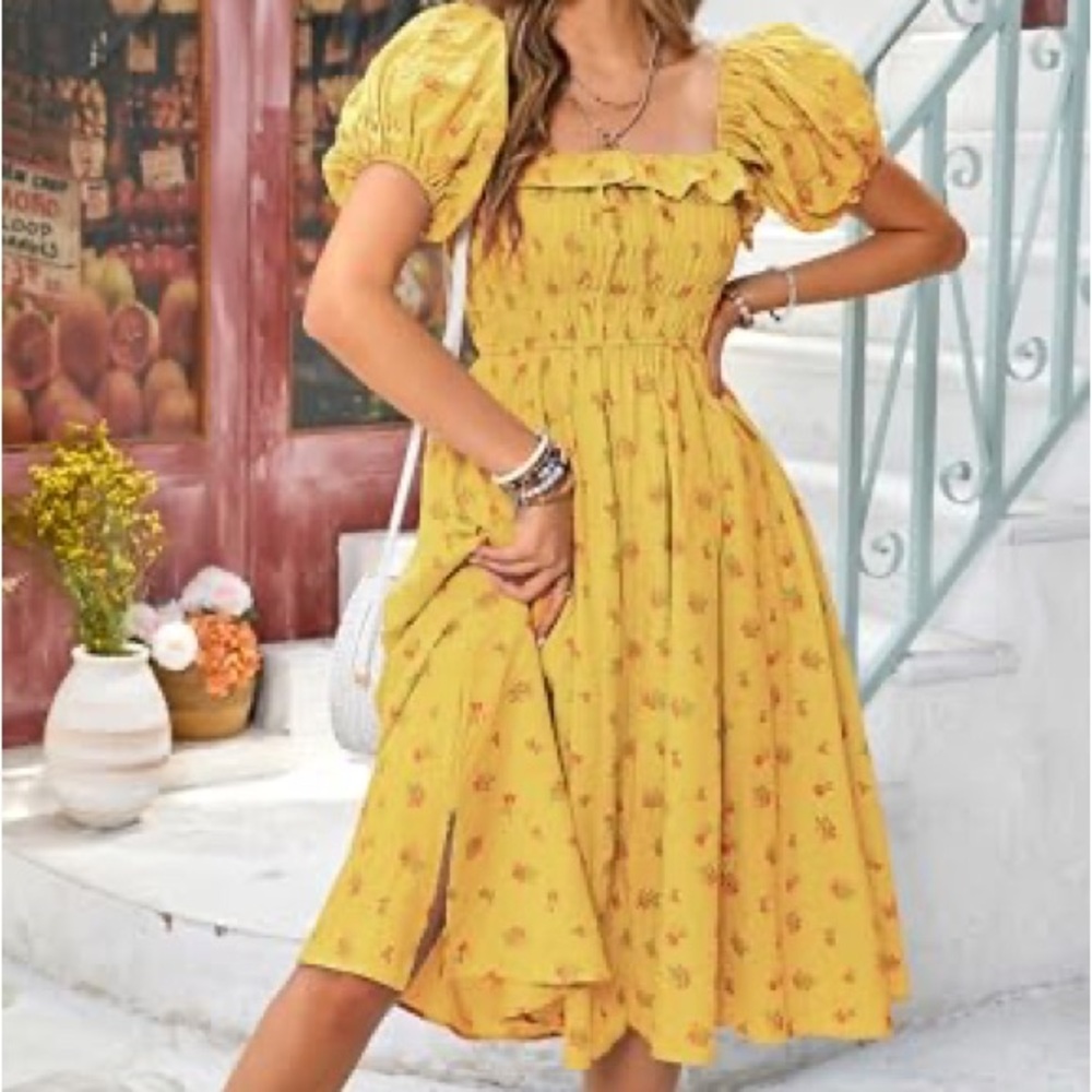 R.Vivimos Floral A-Line Print Puff Sleeve Dress Cottagecore Midi EUC